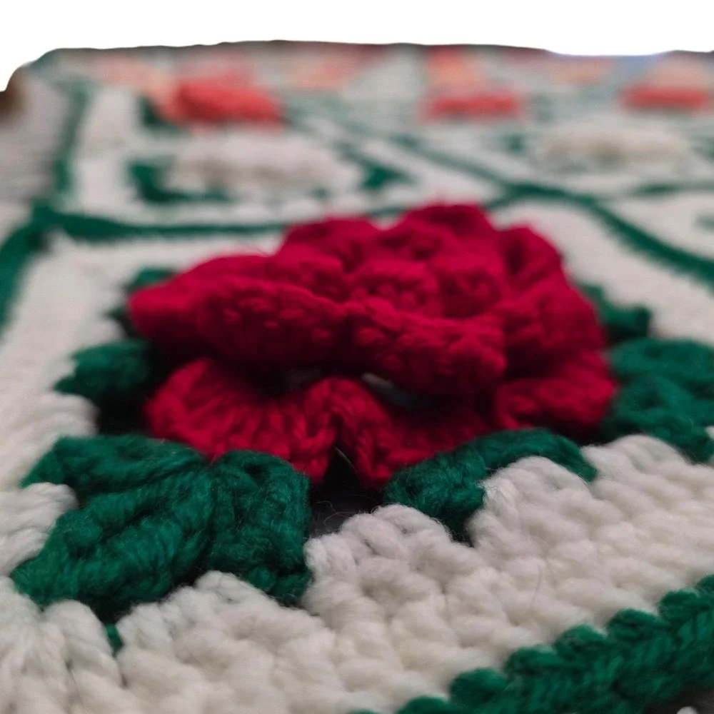 Handmade Crochet Knit Throw Granny Blanket 3D Afghan Roses Square Floral Cottage